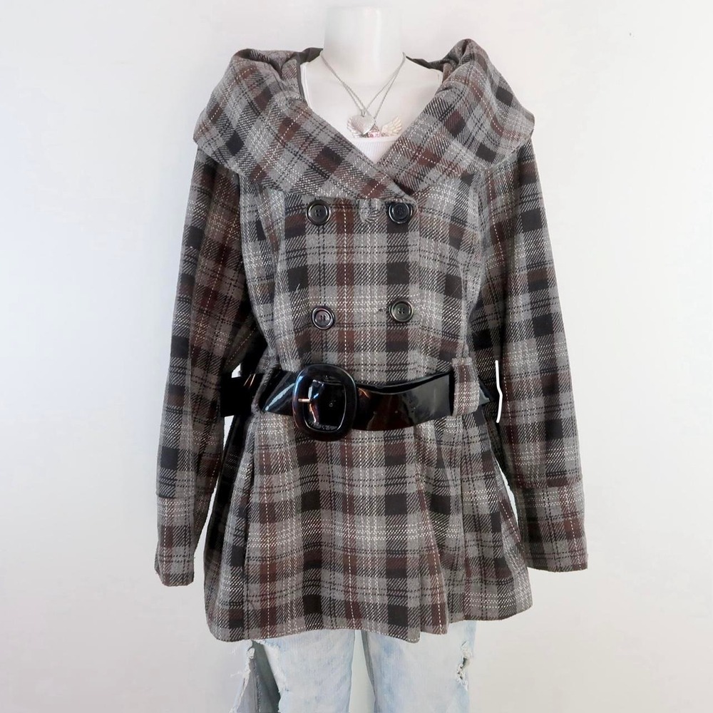 y2k brown grey plaid belted peacoat double breasted jacket
